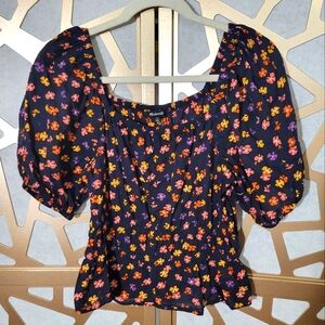 NWOT MADEWELL Navy Floral Puff Sleeve Top